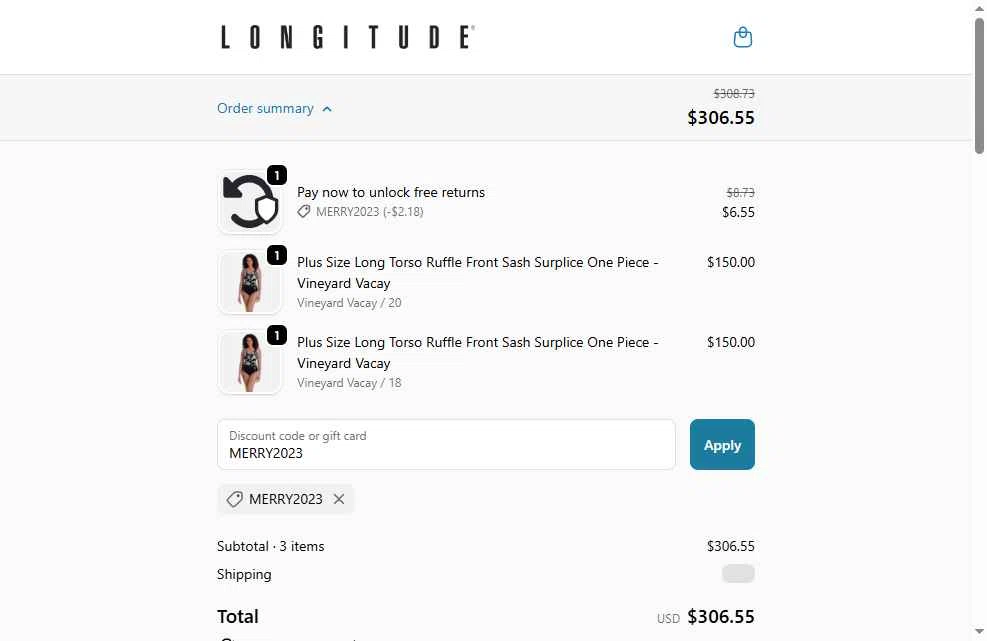 Longitude checkout page showing Longitude discount code box | Screenshot taken by SimplyCodes community member on Dec 17, 2025