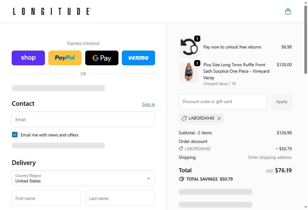 Longitude checkout page showing Longitude discount code box | Screenshot taken by SimplyCodes community member on Jan 10, 2026