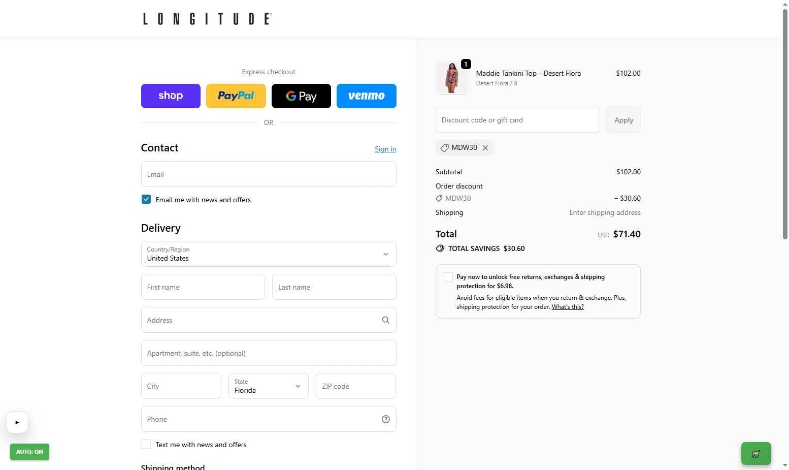 Longitude checkout page showing Longitude discount code box | Screenshot taken by SimplyCodes community member on Jan 14, 2026