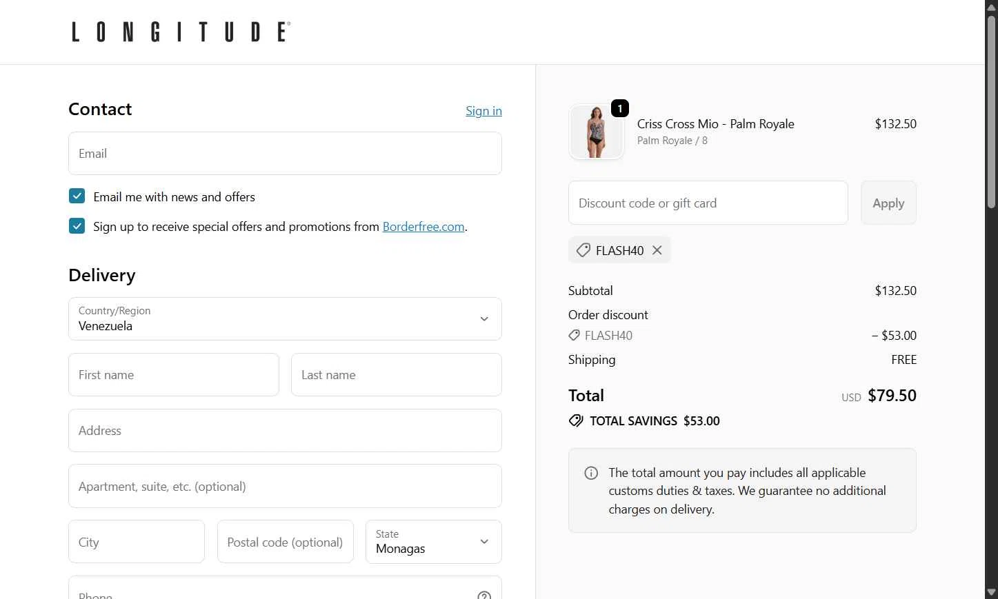 Longitude checkout page showing Longitude discount code box | Screenshot taken by SimplyCodes community member on Jan 15, 2026