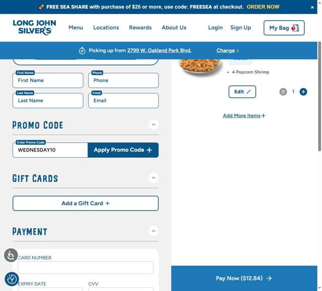 Long John Silver's checkout page showing Long John Silver's promo code box | Screenshot taken by SimplyCodes community member on Aug 31, 2025
