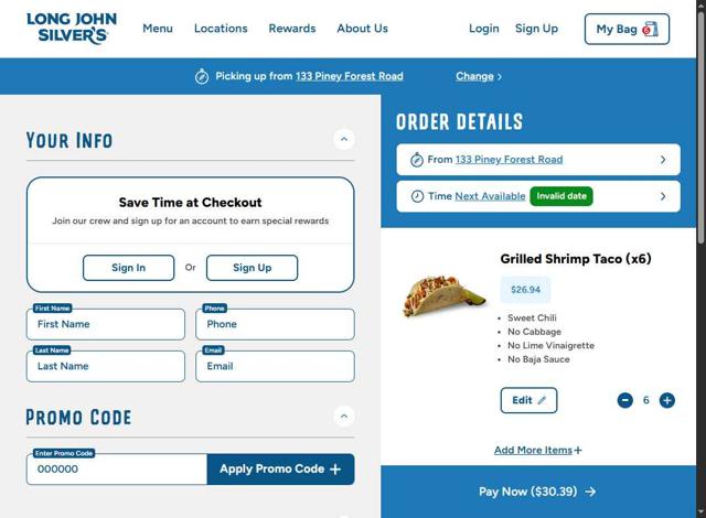 Long John Silver's checkout page showing Long John Silver's promo code box | Screenshot taken by SimplyCodes community member on Aug 20, 2025