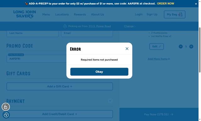 Long John Silver's checkout page showing Long John Silver's promo code box | Screenshot taken by SimplyCodes community member on Sep 5, 2025