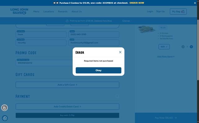 Long John Silver's checkout page showing Long John Silver's promo code box | Screenshot taken by SimplyCodes community member on Sep 4, 2025