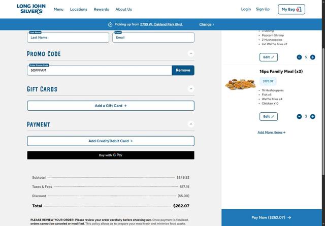 Long John Silver's checkout page showing Long John Silver's promo code box | Screenshot taken by SimplyCodes community member on Sep 10, 2025