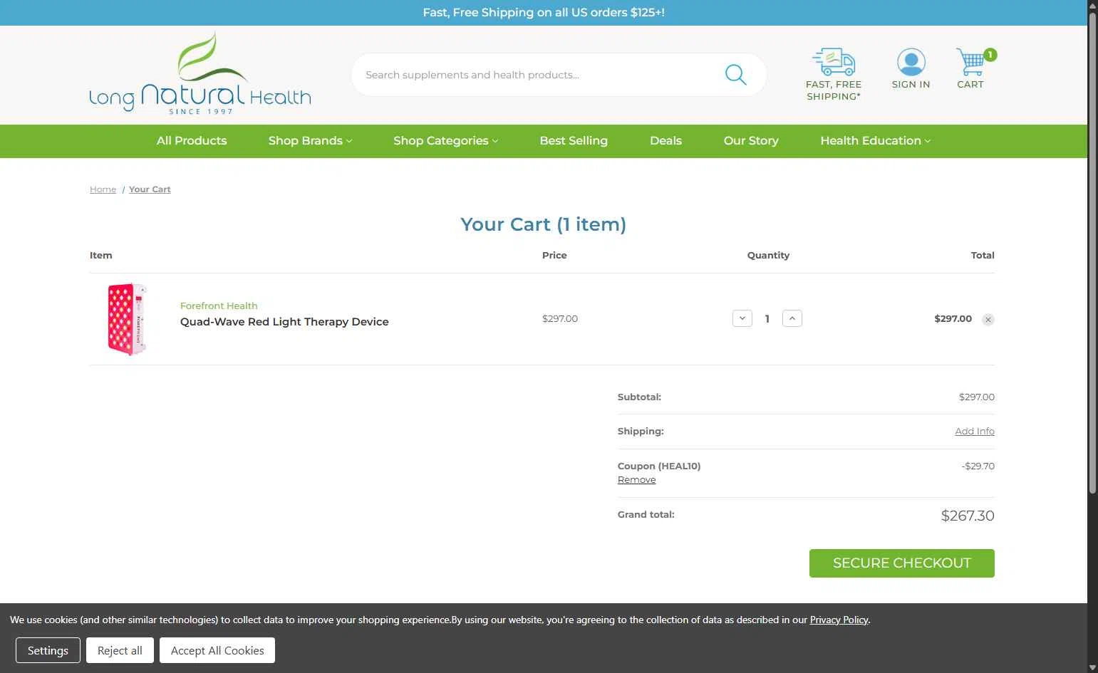 Long Natural Health checkout page showing Long Natural Health coupon code box | Screenshot taken by SimplyCodes community member on Dec 27, 2025