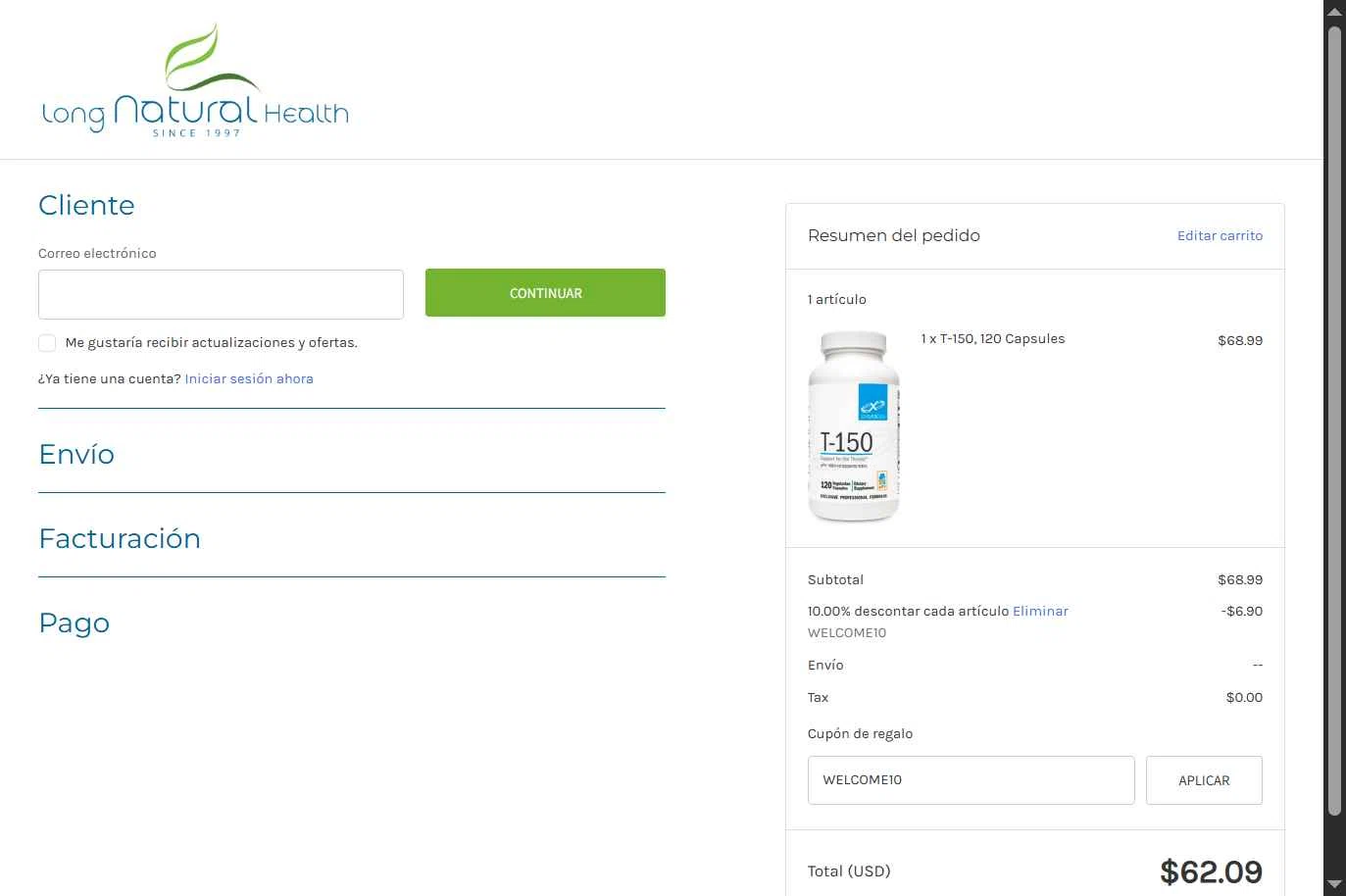 Long Natural Health checkout page showing Long Natural Health coupon code box | Screenshot taken by SimplyCodes community member on Dec 23, 2025