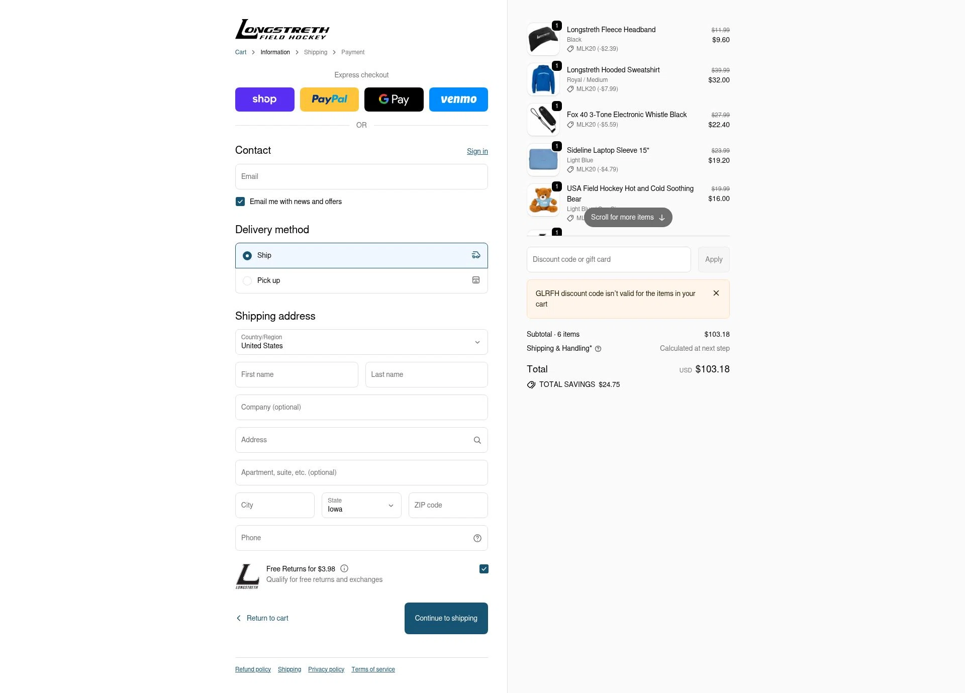 Longstreth.com checkout page showing Longstreth.com coupon code box | Screenshot taken by SimplyCodes community member on Jan 18, 2026