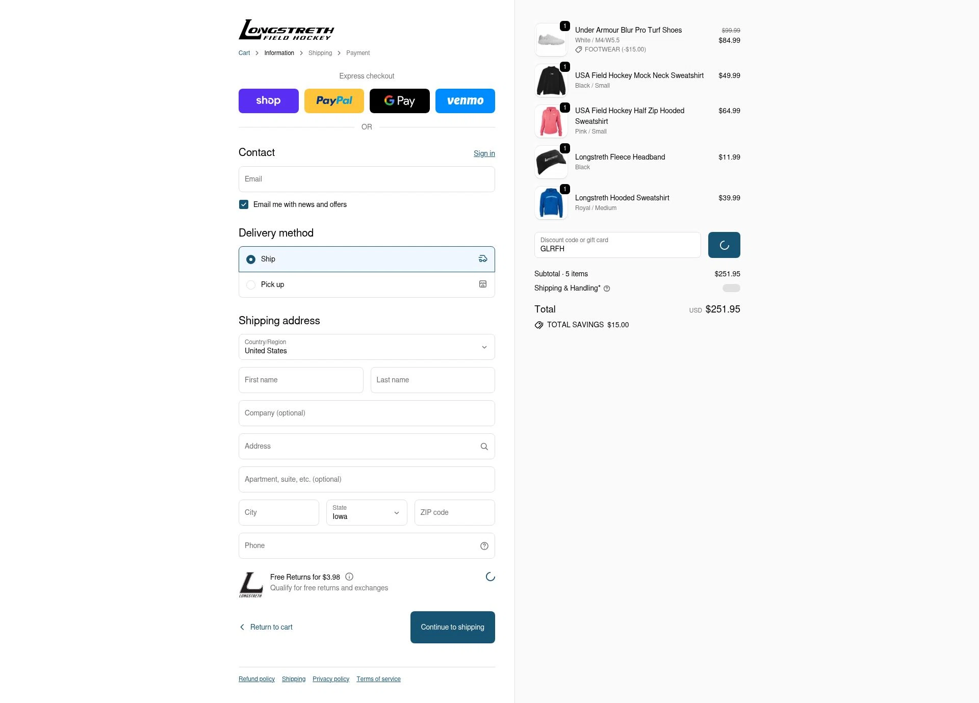 Longstreth.com checkout page showing Longstreth.com coupon code box | Screenshot taken by SimplyCodes community member on Feb 9, 2026
