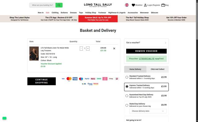 Long Tall Sally checkout page showing Long Tall Sally coupon code box | Screenshot taken by SimplyCodes community member on Jul 28, 2025