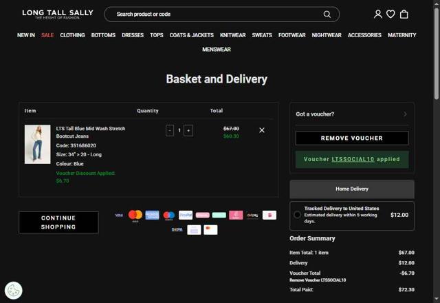 Long Tall Sally checkout page showing Long Tall Sally coupon code box | Screenshot taken by SimplyCodes community member on Aug 26, 2025