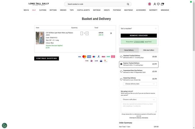 Long Tall Sally checkout page showing Long Tall Sally coupon code box | Screenshot taken by SimplyCodes community member on Sep 13, 2025