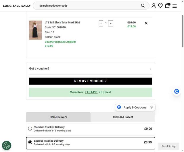 Long Tall Sally checkout page showing Long Tall Sally coupon code box | Screenshot taken by SimplyCodes community member on Aug 27, 2025