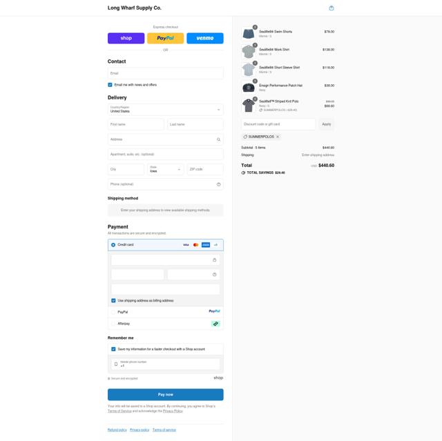 Long Wharf Supply Co. checkout page showing Long Wharf Supply Co. discount code box | Screenshot taken by SimplyCodes community member on Sep 13, 2025