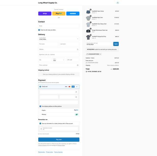 Long Wharf Supply Co. checkout page showing Long Wharf Supply Co. discount code box | Screenshot taken by SimplyCodes community member on Sep 9, 2025
