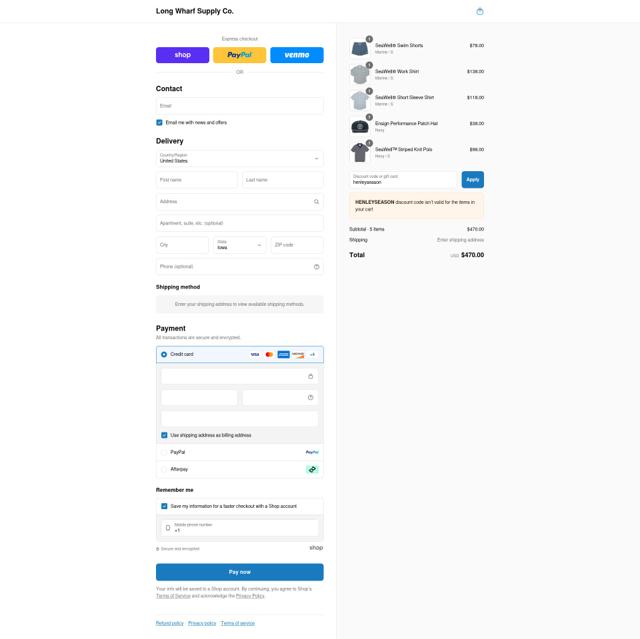 Long Wharf Supply Co. checkout page showing Long Wharf Supply Co. discount code box | Screenshot taken by SimplyCodes community member on Sep 5, 2025