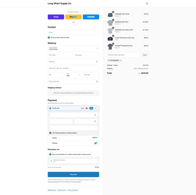 Long Wharf Supply Co. checkout page showing Long Wharf Supply Co. discount code box | Screenshot taken by SimplyCodes community member on Sep 13, 2025