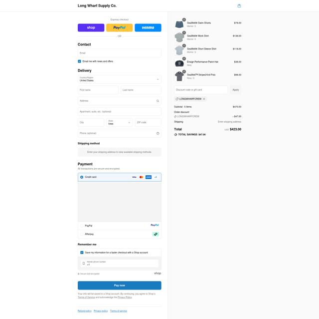 Long Wharf Supply Co. checkout page showing Long Wharf Supply Co. discount code box | Screenshot taken by SimplyCodes community member on Sep 9, 2025