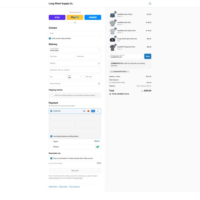 Long Wharf Supply Co. checkout page showing Long Wharf Supply Co. discount code box | Screenshot taken by SimplyCodes community member on Sep 9, 2025