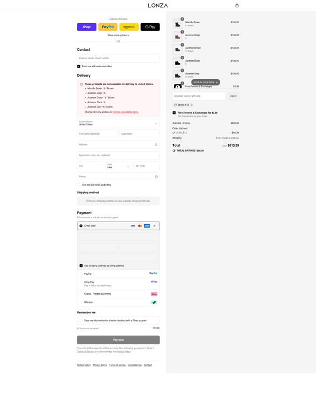 Lonza Shoes checkout page showing Lonza Shoes discount code box | Screenshot taken by SimplyCodes community member on Sep 14, 2025