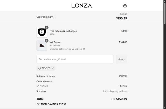 Lonza Shoes checkout page showing Lonza Shoes discount code box | Screenshot taken by SimplyCodes community member on Aug 31, 2025