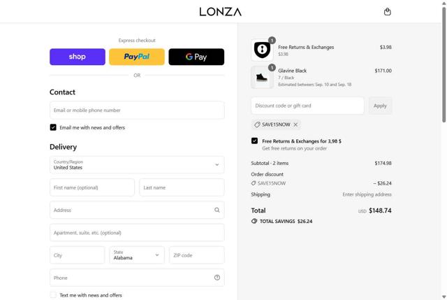 Lonza Shoes checkout page showing Lonza Shoes discount code box | Screenshot taken by SimplyCodes community member on Sep 8, 2025