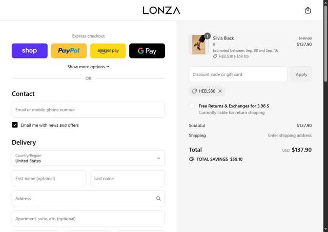 Lonza Shoes checkout page showing Lonza Shoes discount code box | Screenshot taken by SimplyCodes community member on Sep 4, 2025