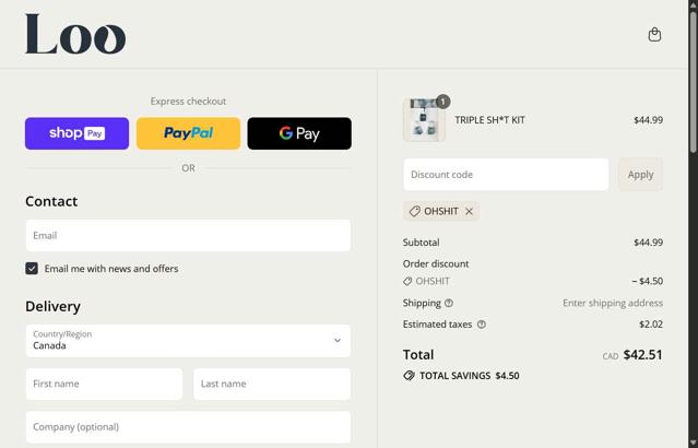 Loo Drops checkout page showing Loo Drops promo code box | Screenshot taken by SimplyCodes community member on Jul 17, 2025