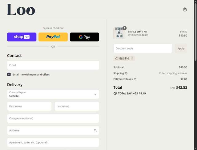 Loo Drops checkout page showing Loo Drops promo code box | Screenshot taken by SimplyCodes community member on Jul 17, 2025