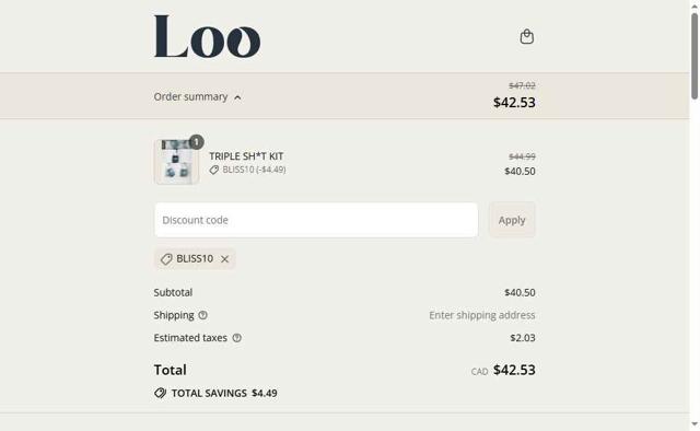 Loo Drops checkout page showing Loo Drops promo code box | Screenshot taken by SimplyCodes community member on Sep 14, 2025