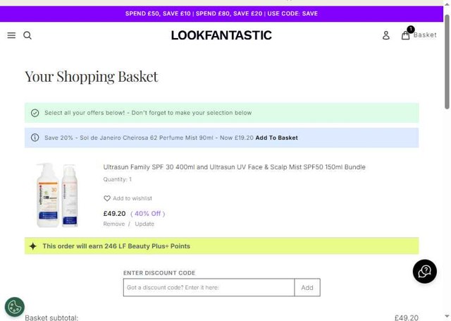 Lookfantastic checkout page showing Lookfantastic discount code box | Screenshot taken by SimplyCodes community member on Jul 23, 2025