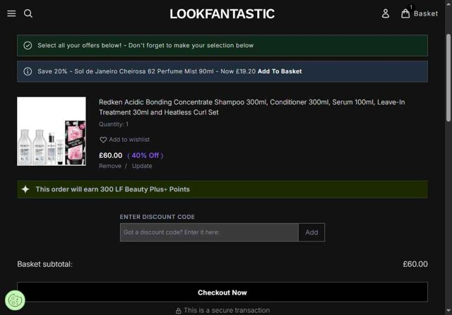 Lookfantastic checkout page showing Lookfantastic discount code box | Screenshot taken by SimplyCodes community member on Jul 31, 2025