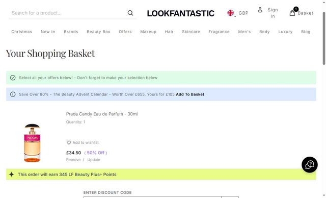 Lookfantastic checkout page showing Lookfantastic discount code box | Screenshot taken by SimplyCodes community member on Sep 5, 2025