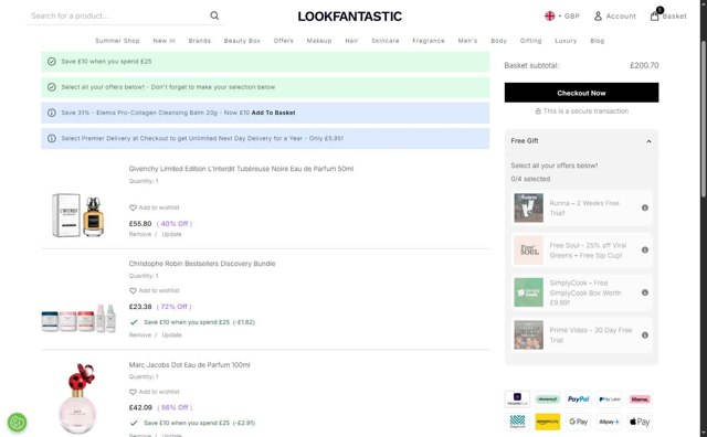 Lookfantastic checkout page showing Lookfantastic discount code box | Screenshot taken by SimplyCodes community member on Aug 10, 2025