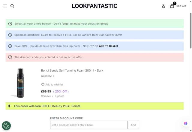 Lookfantastic UK checkout page showing Lookfantastic UK discount code box | Screenshot taken by SimplyCodes community member on Jul 1, 2025