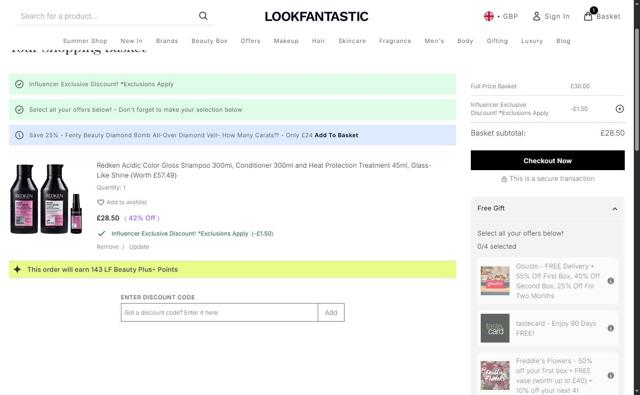 Lookfantastic UK checkout page showing Lookfantastic UK discount code box | Screenshot taken by SimplyCodes community member on Jun 22, 2025