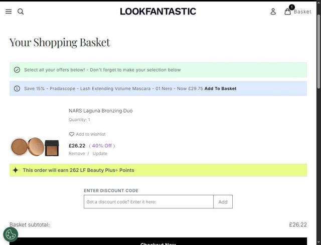 Lookfantastic UK checkout page showing Lookfantastic UK discount code box | Screenshot taken by SimplyCodes community member on Sep 10, 2025