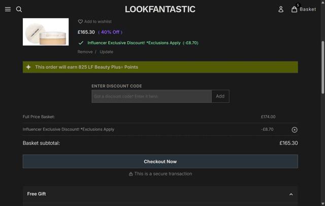 Lookfantastic UK checkout page showing Lookfantastic UK discount code box | Screenshot taken by SimplyCodes community member on Aug 19, 2025