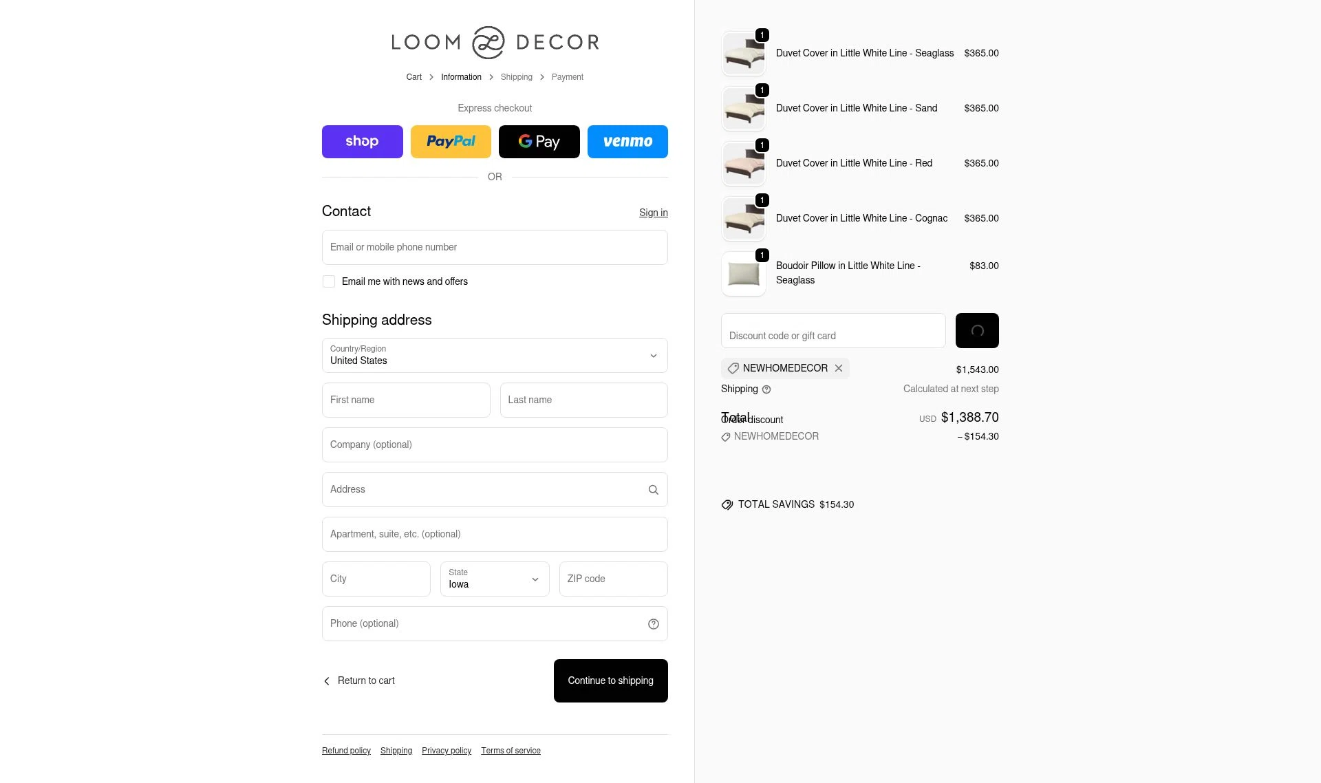 Loom Decor checkout page showing Loom Decor promo code box | Screenshot taken by SimplyCodes community member on Feb 5, 2026