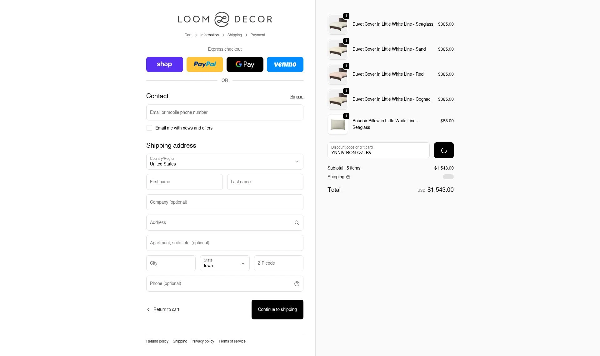 Loom Decor checkout page showing Loom Decor promo code box | Screenshot taken by SimplyCodes community member on Feb 5, 2026