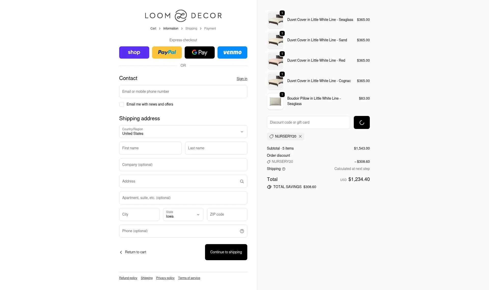 Loom Decor checkout page showing Loom Decor promo code box | Screenshot taken by SimplyCodes community member on Feb 5, 2026