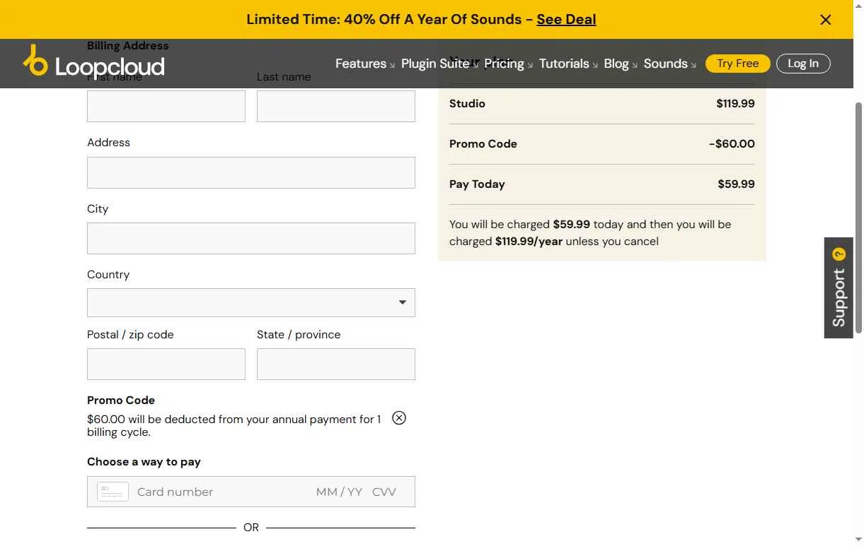 Loopcloud checkout page showing Loopcloud promo code box | Screenshot taken by SimplyCodes community member on Jan 10, 2026