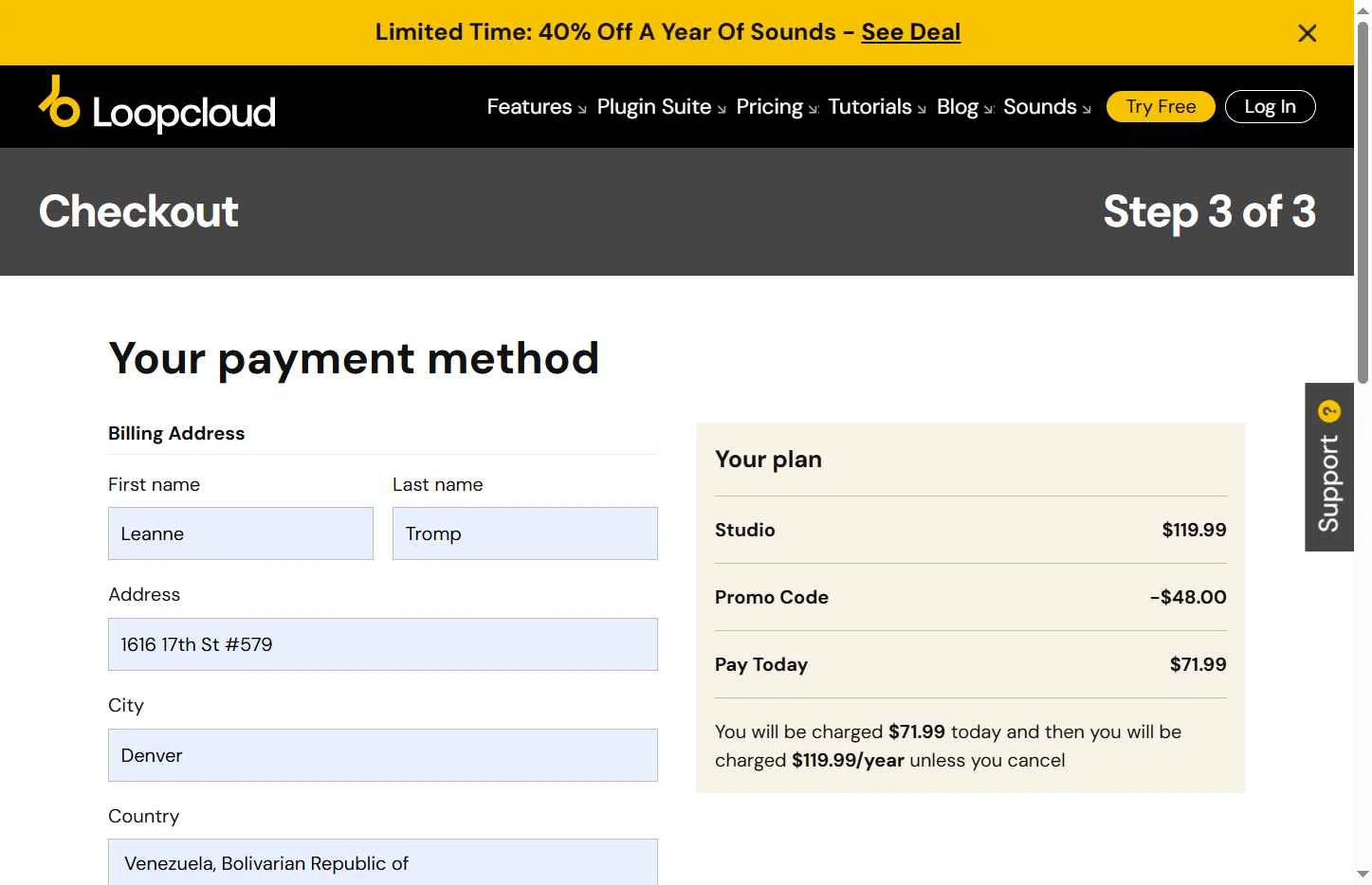 Loopcloud checkout page showing Loopcloud promo code box | Screenshot taken by SimplyCodes community member on Oct 15, 2025