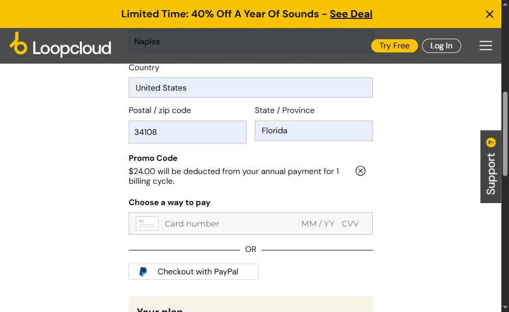 Loopcloud checkout page showing Loopcloud promo code box | Screenshot taken by SimplyCodes community member on Oct 5, 2025