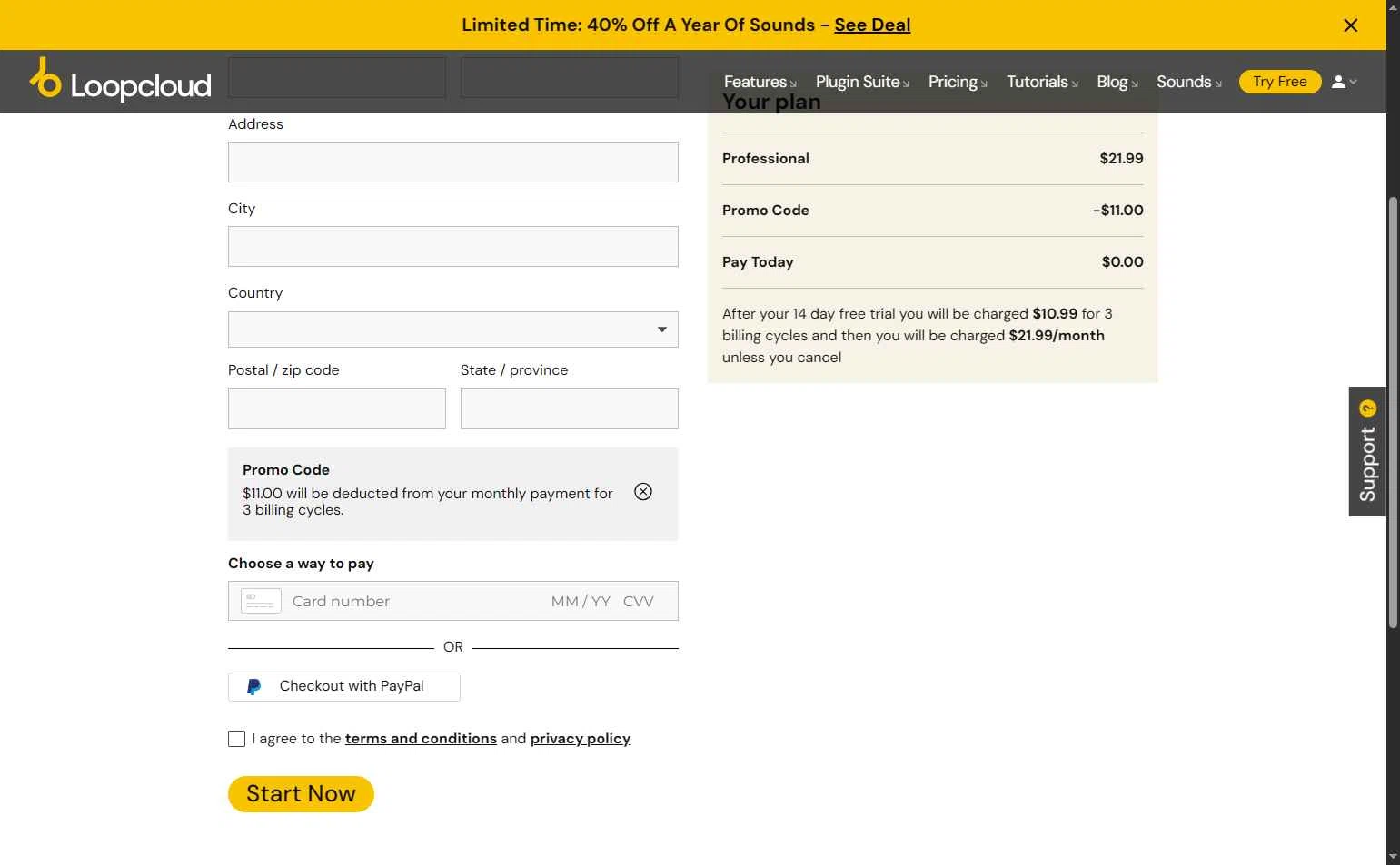 Loopcloud checkout page showing Loopcloud promo code box | Screenshot taken by SimplyCodes community member on Sep 19, 2025