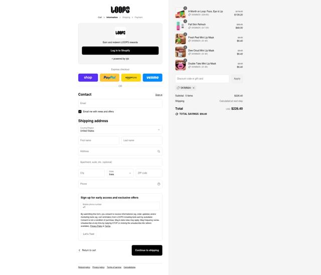 Loops Beauty checkout page showing Loops Beauty promo code box | Screenshot taken by SimplyCodes community member on Sep 15, 2025