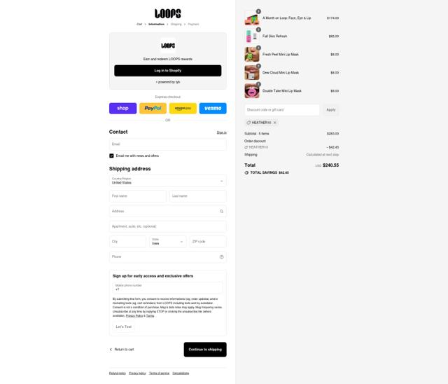 Loops Beauty checkout page showing Loops Beauty promo code box | Screenshot taken by SimplyCodes community member on Sep 15, 2025