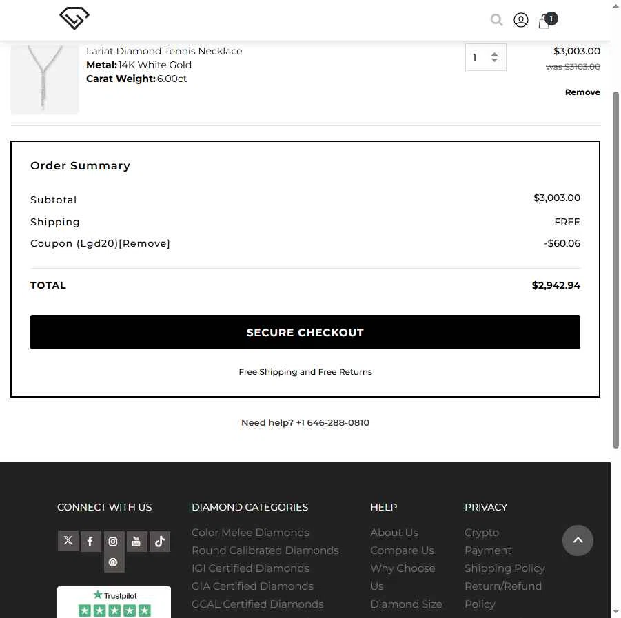 Loose Grown Diamond checkout page showing Loose Grown Diamond promo code box | Screenshot taken by SimplyCodes community member on Jun 29, 2025