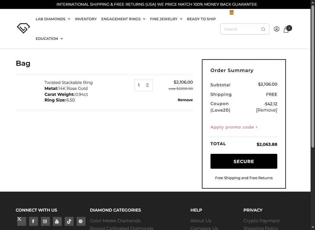 Loose Grown Diamond checkout page showing Loose Grown Diamond promo code box | Screenshot taken by SimplyCodes community member on Nov 14, 2025