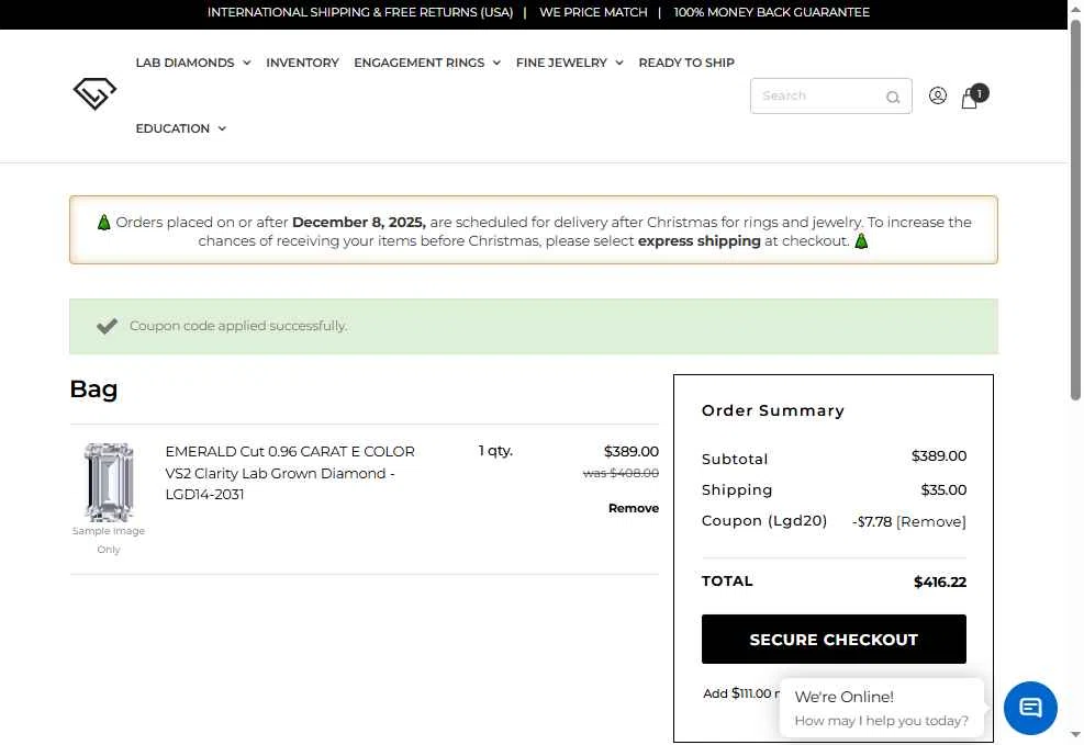 Loose Grown Diamond checkout page showing Loose Grown Diamond promo code box | Screenshot taken by SimplyCodes community member on Dec 24, 2025